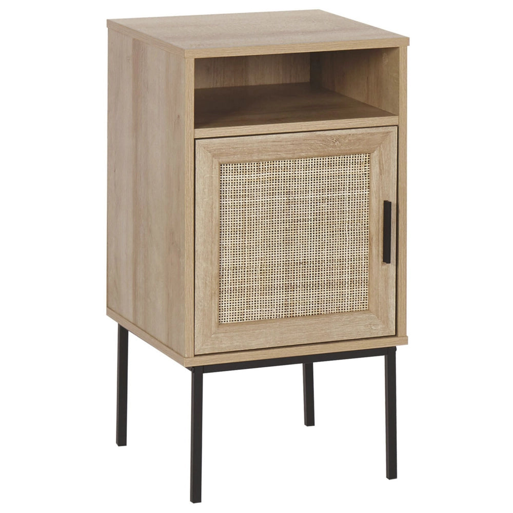 Comodino Moderno con Anta in Rattan Naturale 77 x 40 cm Legno Chiaro