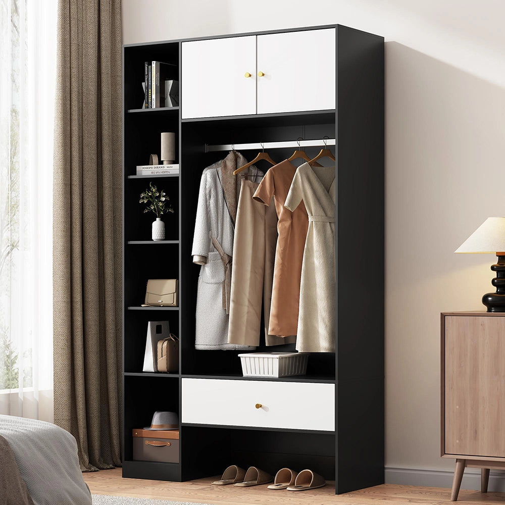 Armadio per ingresso compatto - Xylo - 105x185x40 cm - Bianco e nero - 2 ante, 6 scomparti, appendiabiti, cassetto