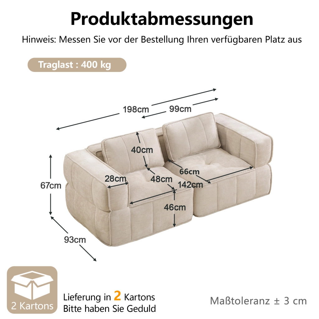 Divano modulare 2 posti con seduta profonda design senza telaio e braccioli ampi in poliestere beige 198 × 93 × 67 cm