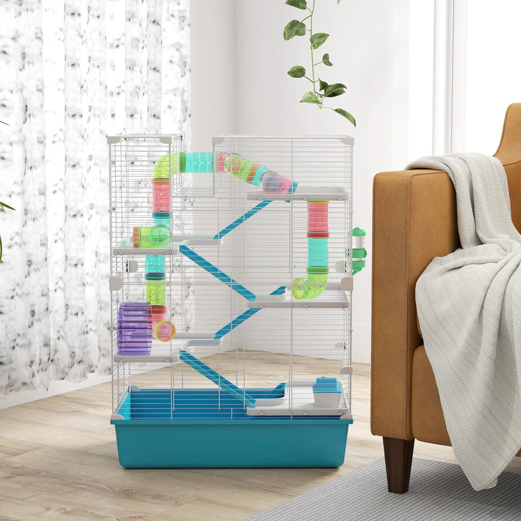 Gabbia per criceti a 6 livelli con tubi, doppia torre, 2 porte frontali in plastica azzurro chiaro 58 × 36 × 81 cm