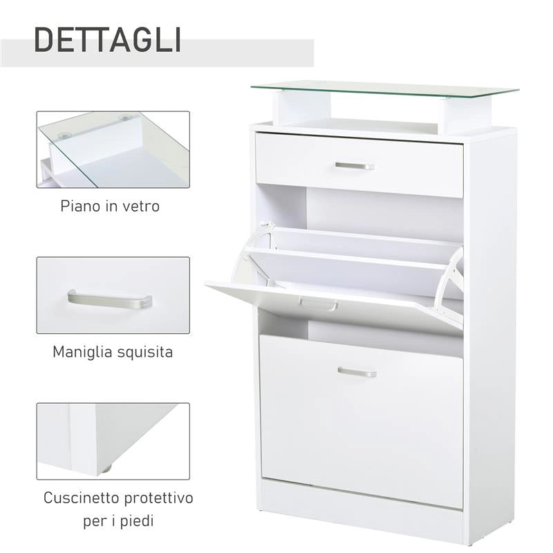 MOBILE SCARPIERA IN LEGNO CON 2 ANTE A 2 LIVELLI, CASSETTO E RIPIANO IN VETRO 60X24X105.5 CM, BIANCO