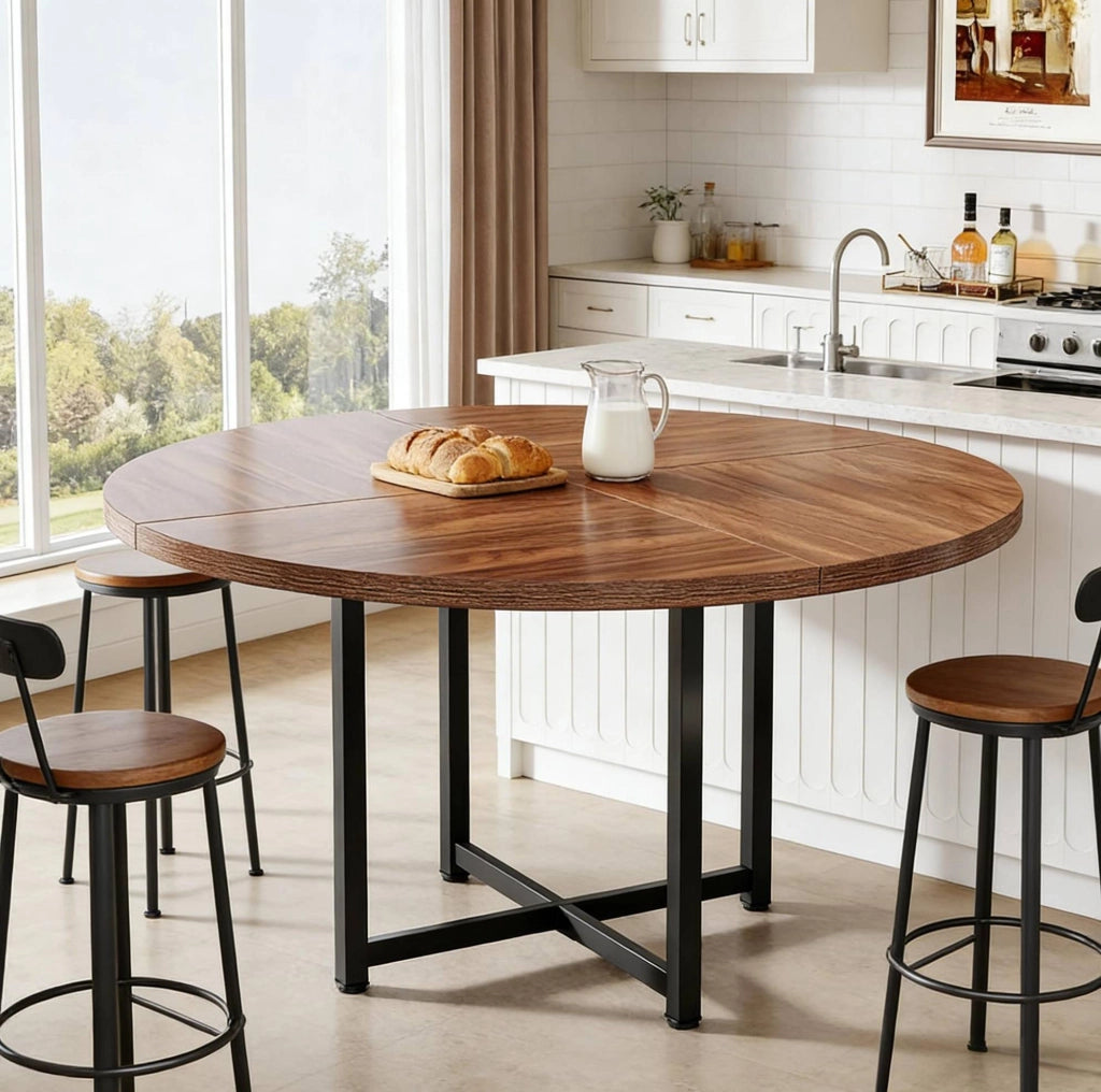 Tavolo da pranzo rotondo industriale 120 cm in metallo e legno; nero e marrone