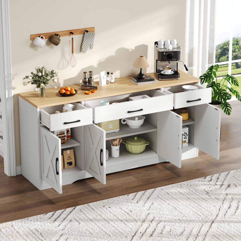 Credenza 160x37x75 cm bianca in MDF, 3 cassetti e 4 ante