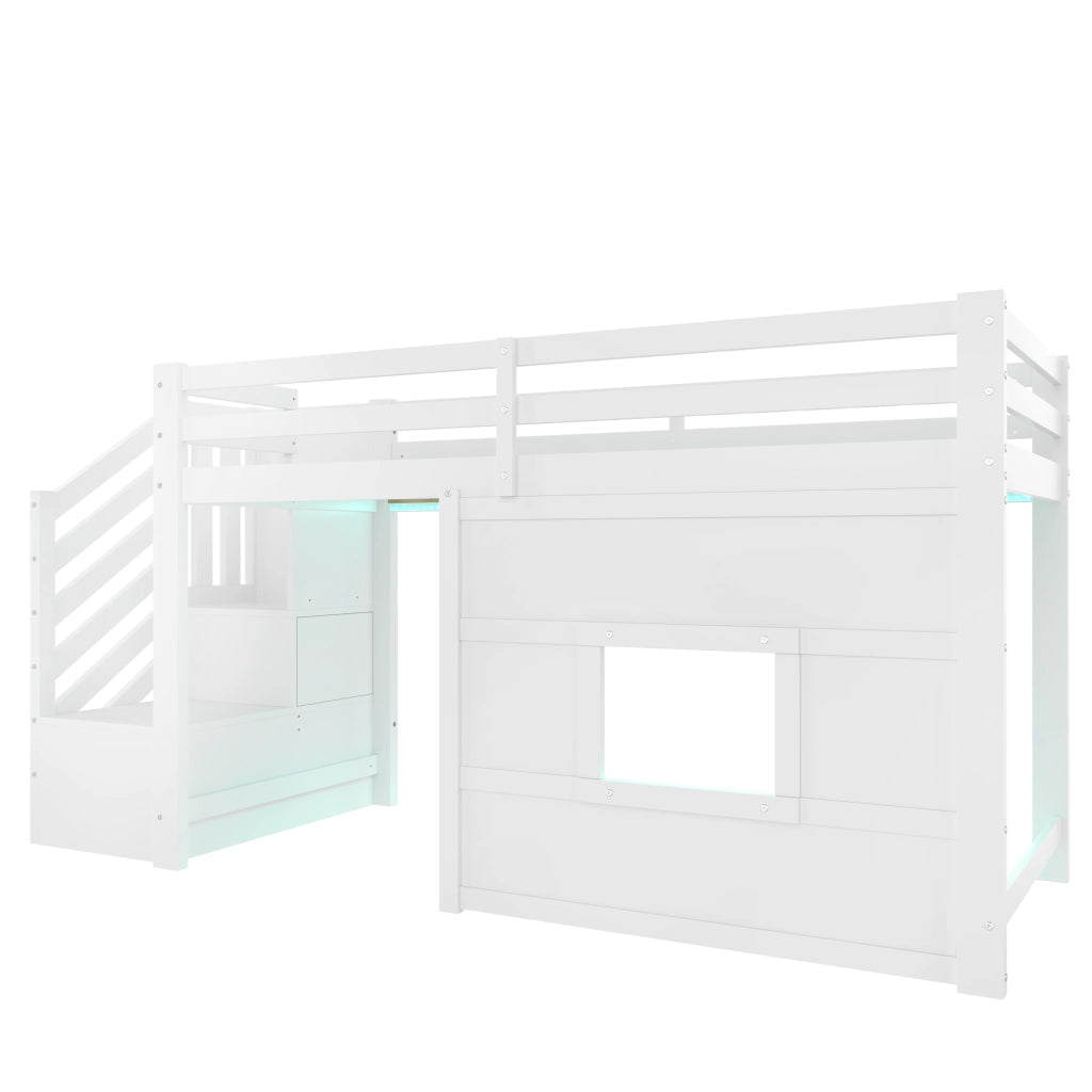 Letto a castello bianco con funzione contenitore scala e finestra in mdf pino compensato 90x200 cm