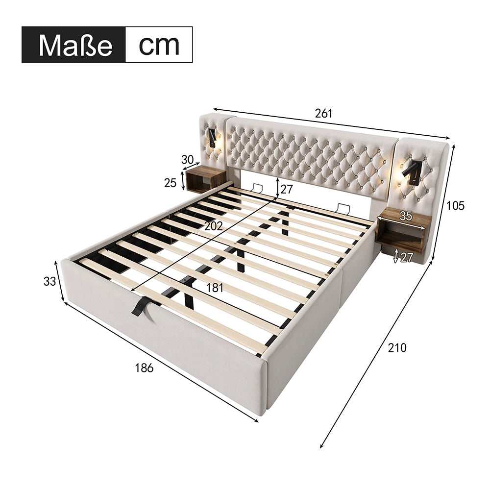 Letto con contenitore idraulico - Xylo - 180x200 cm - Velluto beige - Luci lettura e USB
