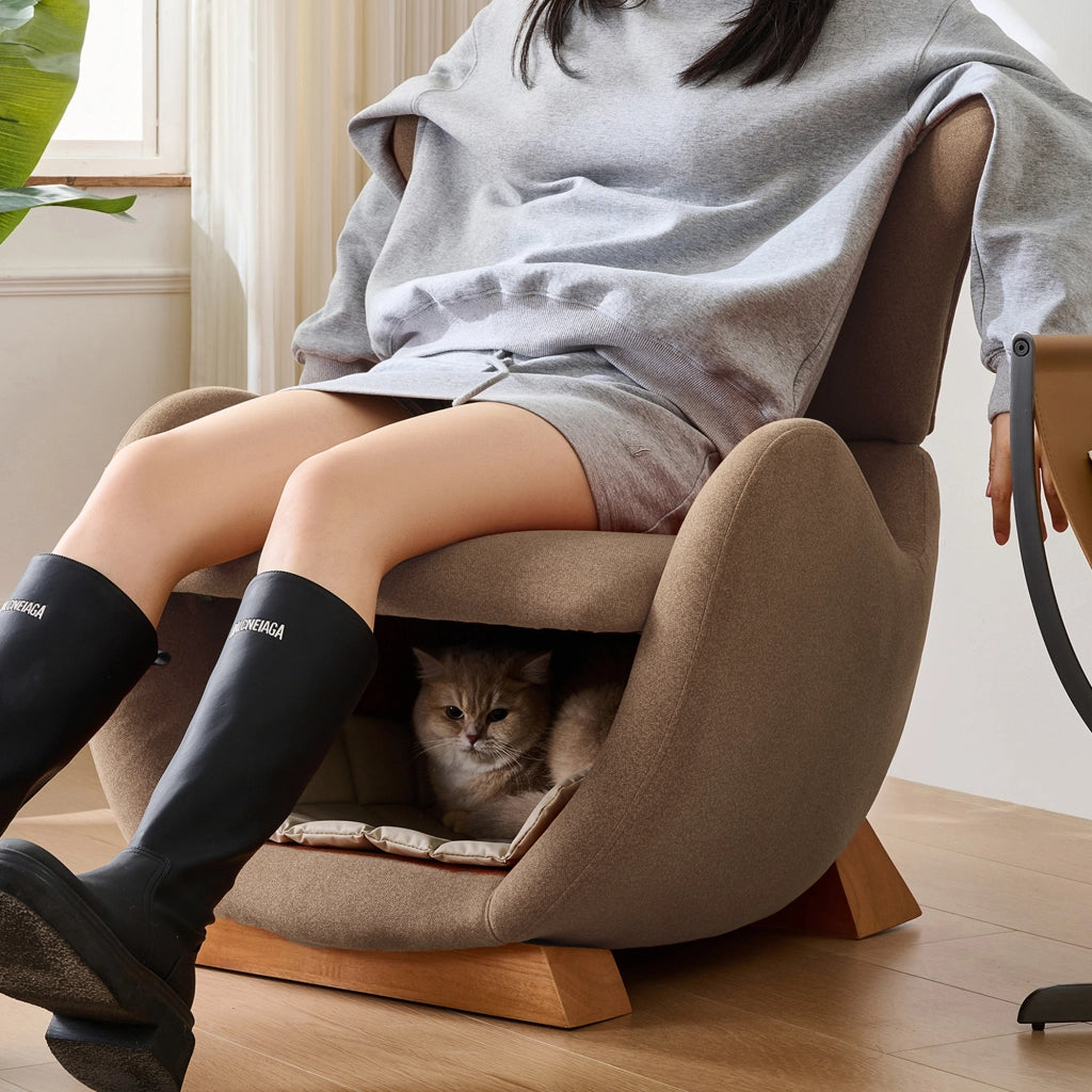 Sedia lounge design a forma di balena con nicchia per animali, tessuto antigraffio, marrone