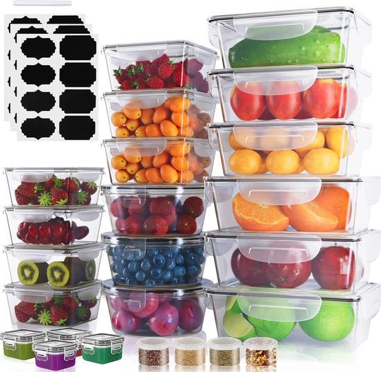 24 contenitori con coperchio, etichette e pennarelli - Scatole di stock, set (24 contenitori e 24 coperchi), in materiale BPA-free, organizzatore per lavastoviglie, forno a microonde e congelatore, stivabile