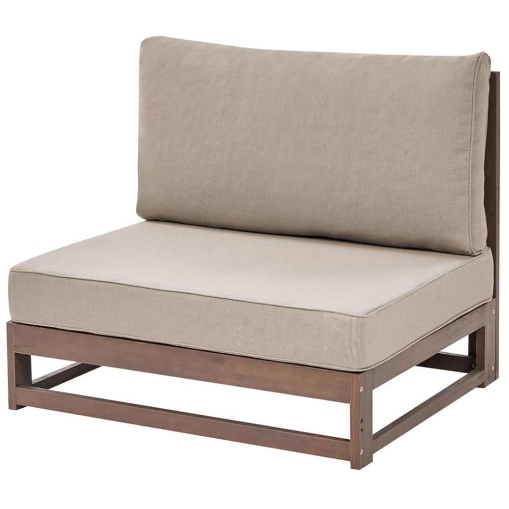 Salotto da giardino 4 posti in legno d'acacia chiaro con cuscini color tortora e tavolo lato destro esterno moderno