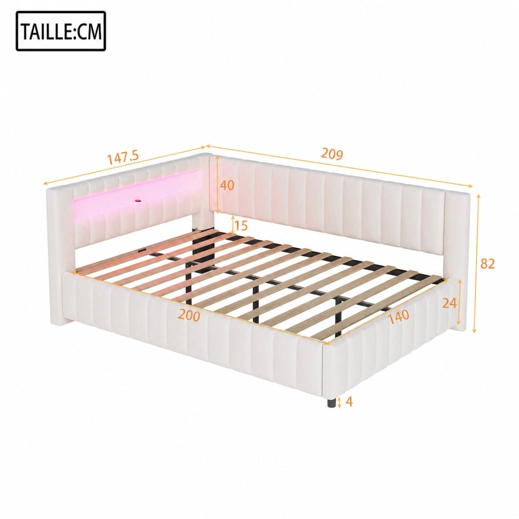 Letto imbottito a L 140 ¡Á 200 cm in velluto beige con rete a doghe LED multicolore USB testiera e schienale
