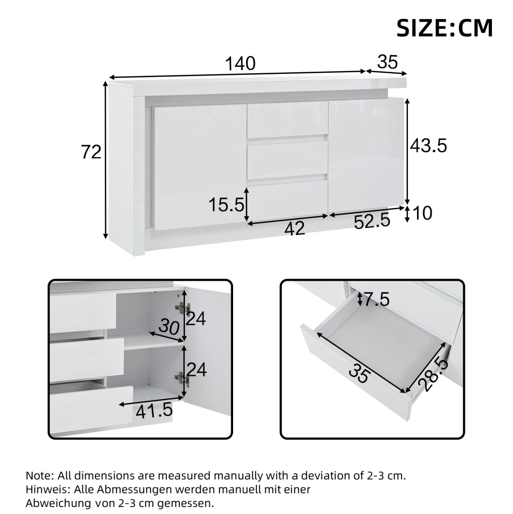 Credenza bianca lucida 140x35x72 cm con LED e 3 cassetti