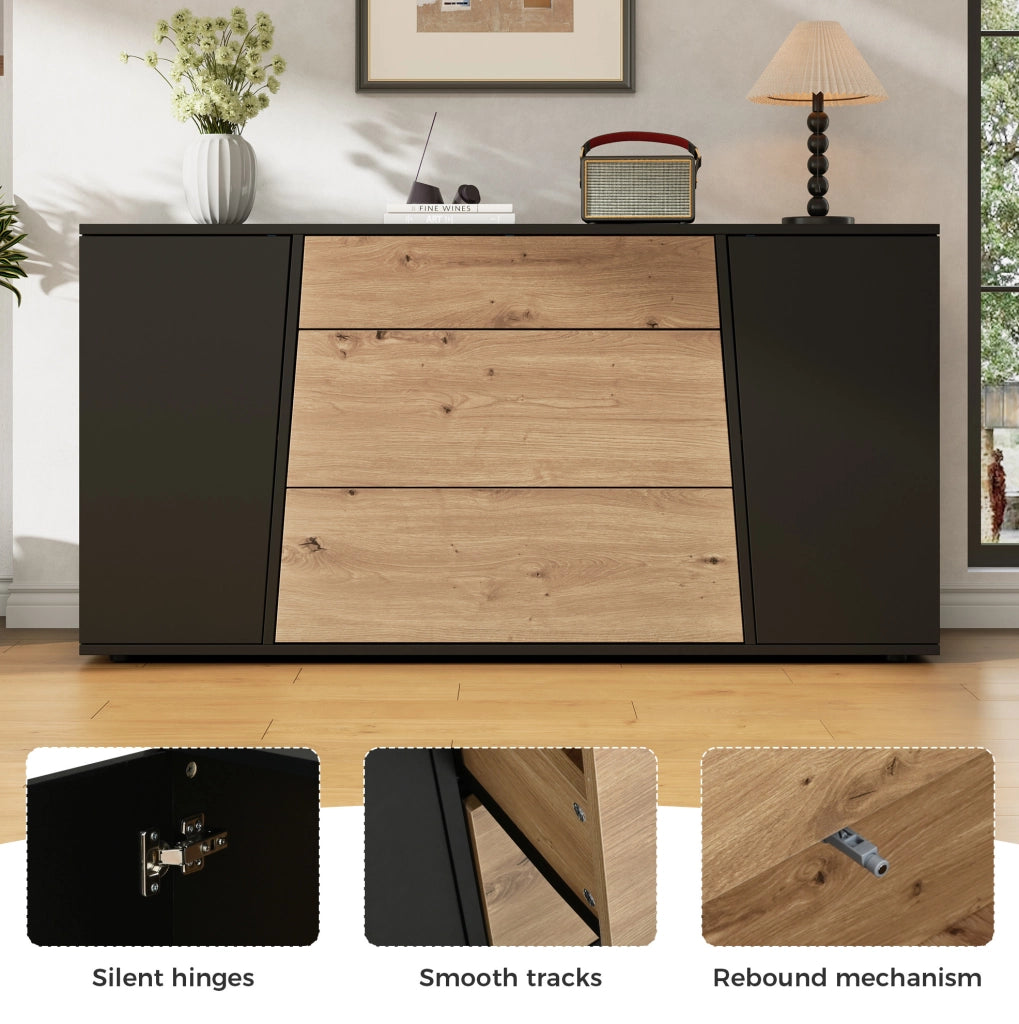 Sideboard 140×35×70 cm in MDF Nero e Legno con 3 Cassetti e 2 Ante Regolabili