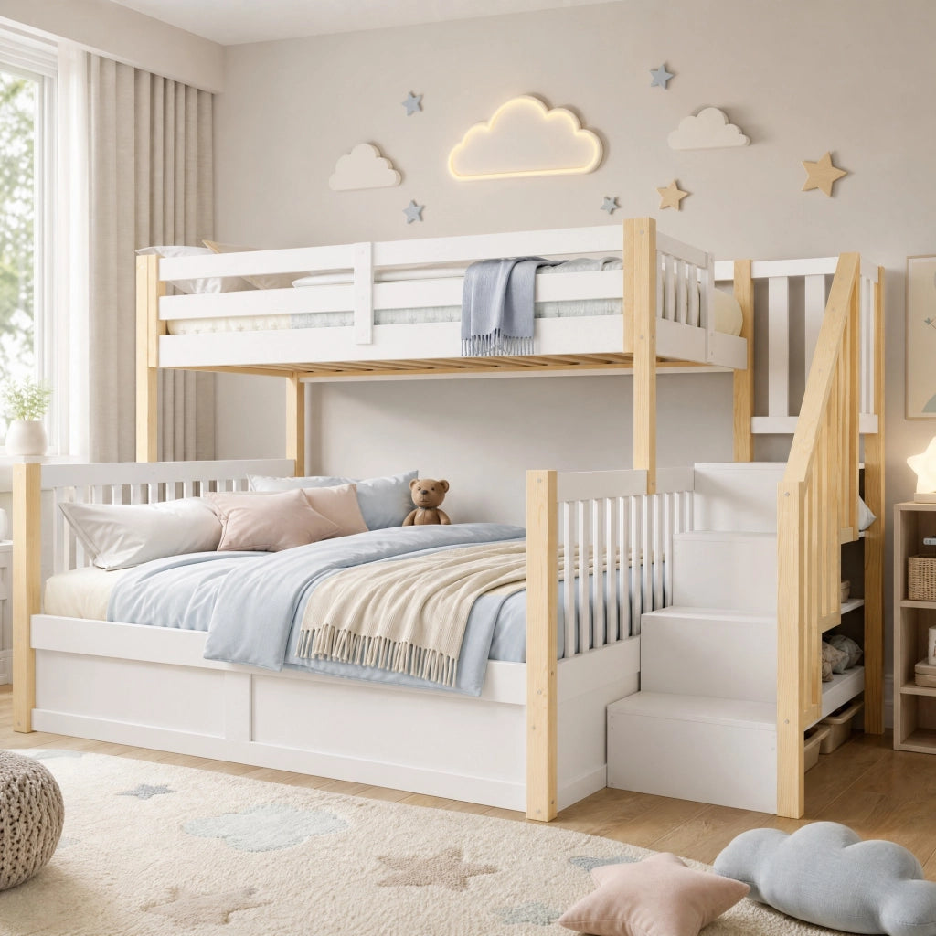 Letto a castello 90x200 e 140x200 cm con scala contenitore