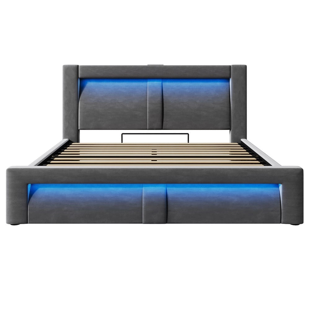 Letto Contenitore Matrimoniale con LED ¨C MINIMAL ¨C Velluto Grigio 140x200, Idraulico, USB, con Materasso