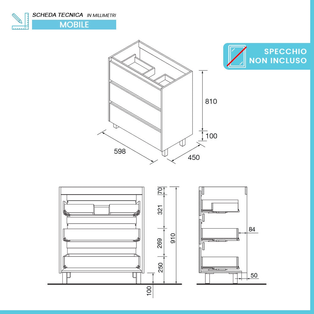 Mobile bagno 60 cm noce maya con lavabo ad incasso Gaya