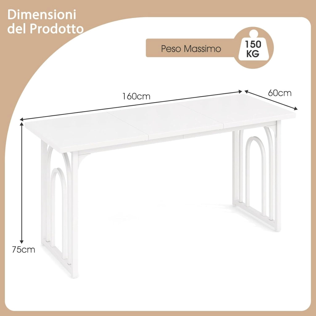 Tavolo da Pranzo, Tavolo Moderno per 6-8 Persone con Piano in Finto Marmo e Gambe in Metallo, Tavolllo Rettangolare da per Sala da Pranzo, Soggiorno e Cucina, 160 x 60 x 76 cm, Bianco