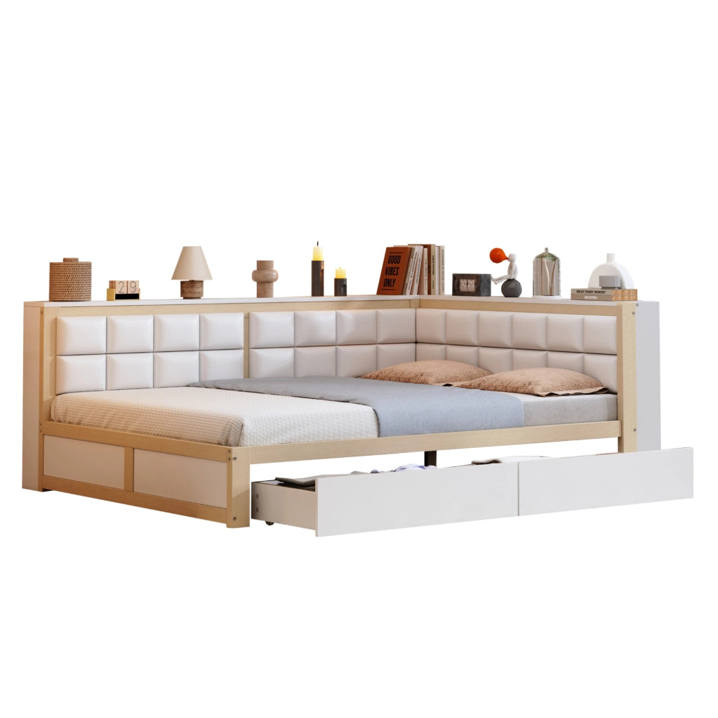 Divano letto 140x200 cm con schienale morbido e 2 cassetti in legno colore naturale