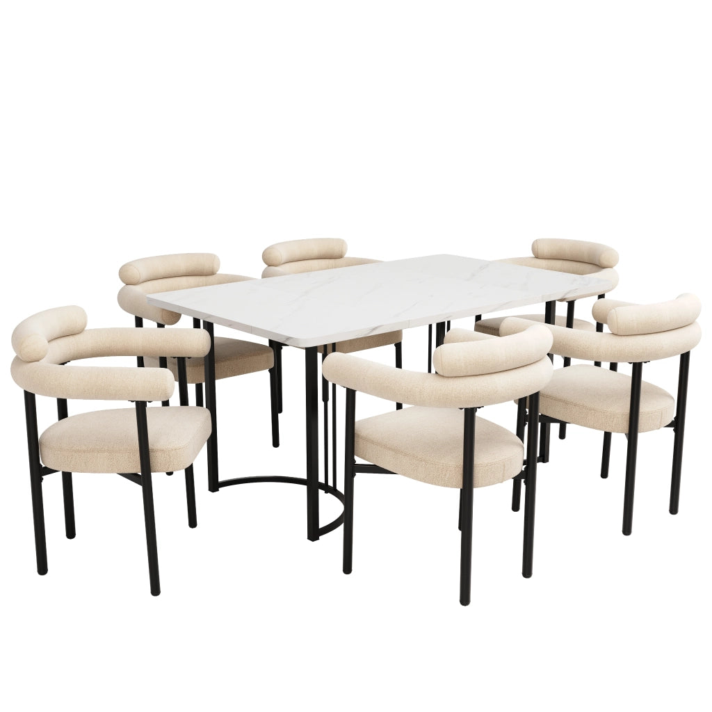 Tavolo da pranzo set con sedie in velluto, gambe in metallo, stile moderno minimalista, per cucina e soggiorno