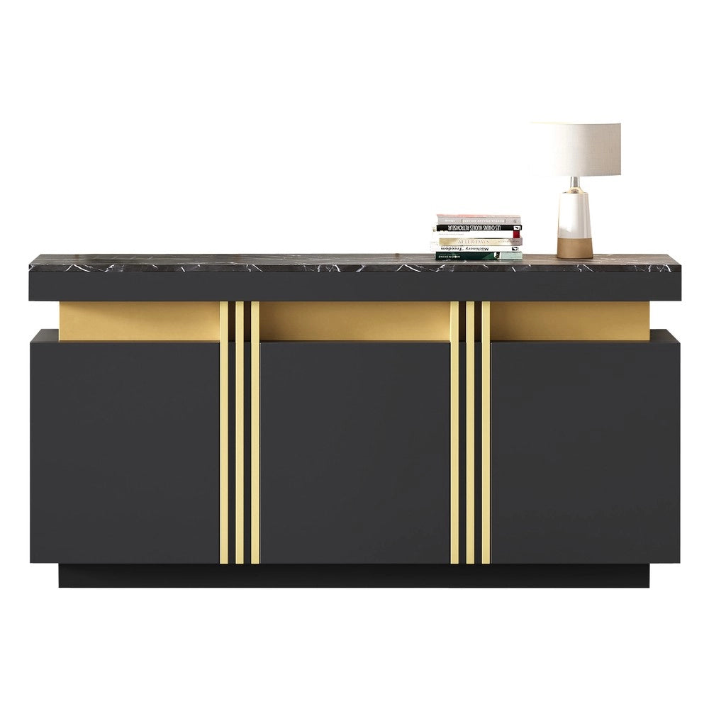 Credenza Moderna ¨C MINIMAL ¨C Nero e Oro, 3 Ante, Ripiani Regolabili, 140x38x70 cm