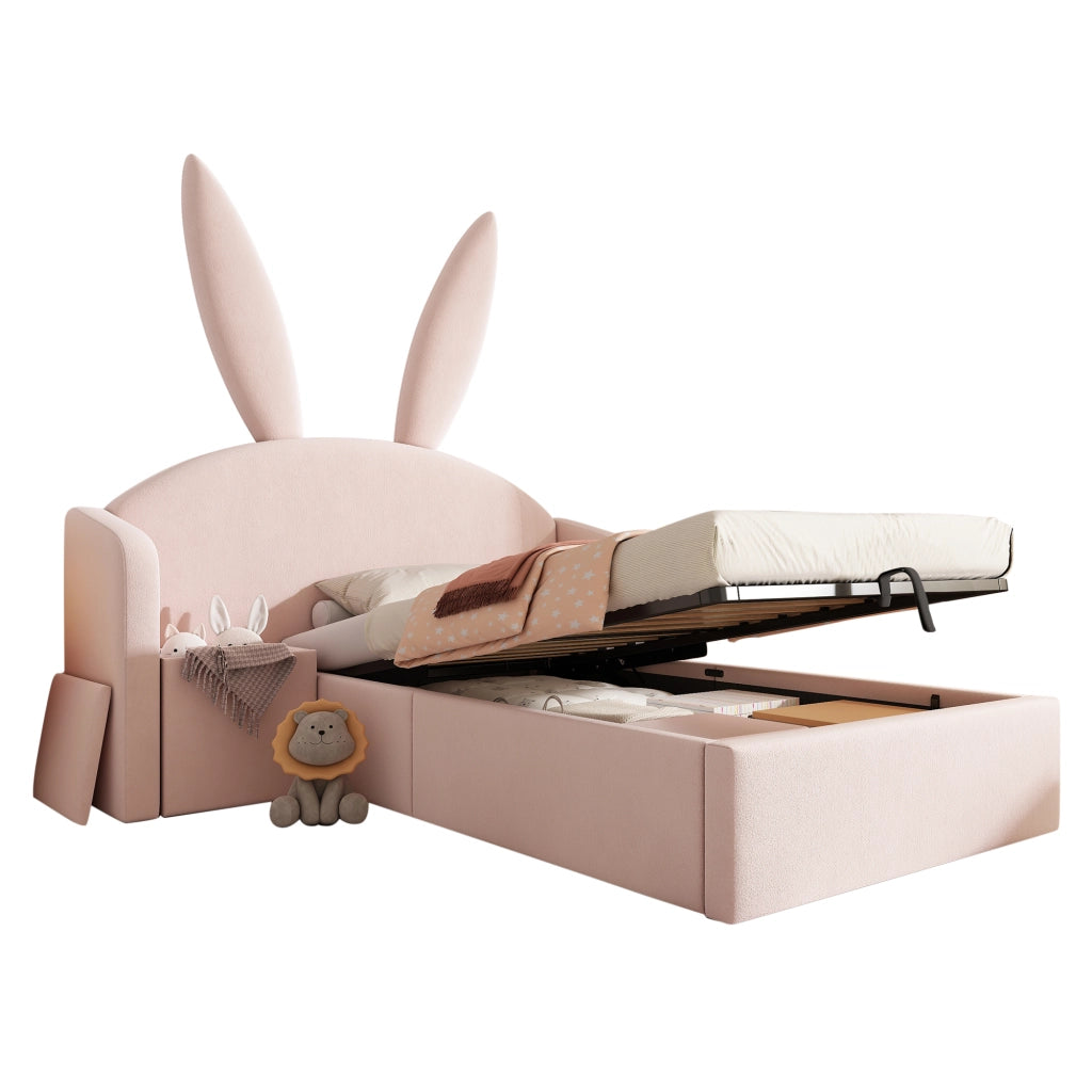 Letto per bambini 90x190 cm in velluto rosa con comodino contenitore, design con orecchie di coniglio