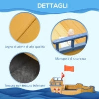 Sabbiera per Bambini in Legno a Forma di Nave dei Pirati con Vano Contenitore, 158x78x45.5 cm