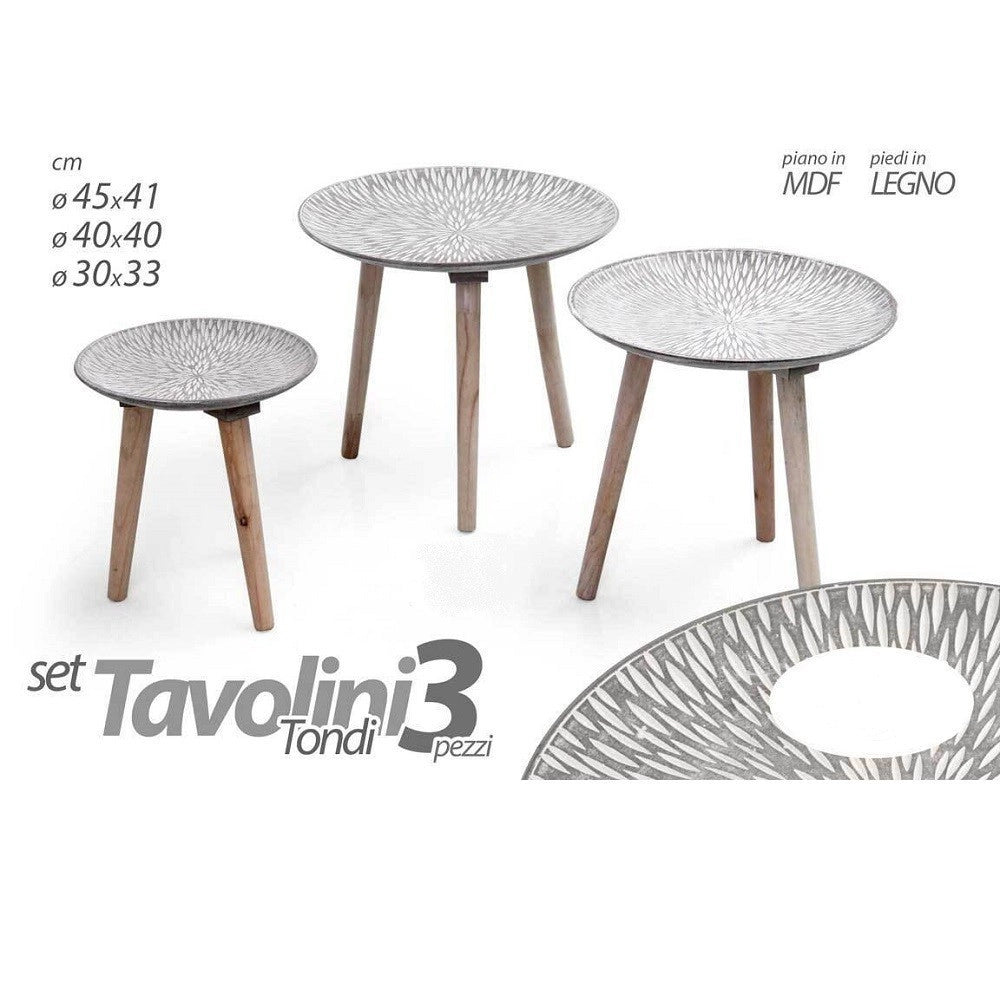 Trade Shop - Set 3 Tavolini Tavolo Mdf Piedi Legno Salotto Giardino ø45-40-30cm Tondi 783944 -