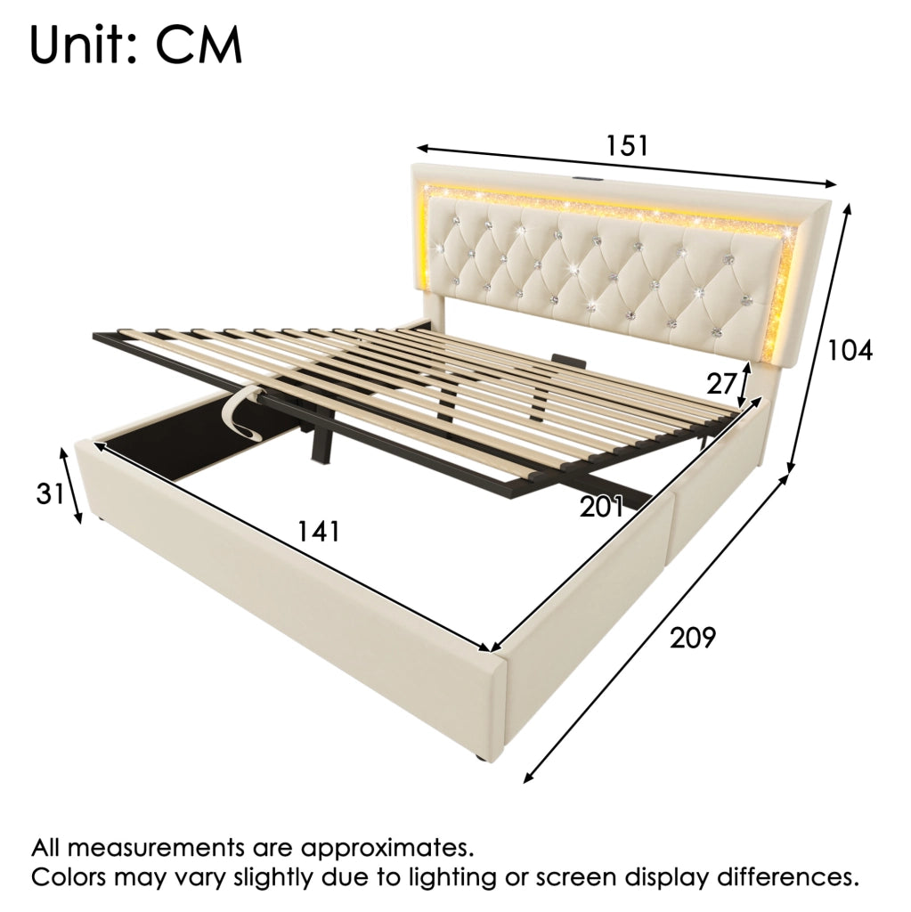 Letto imbottito 140x200 cm beige in velluto con LED, USB-C e contenitore