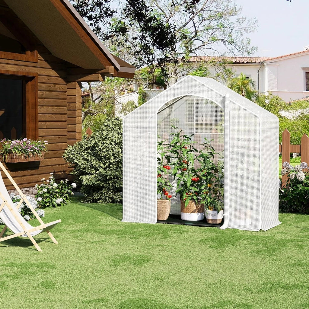 Serra da Giardino con Porte Avvolgibili, Serra da Balcone con Base in tessuto PE nero, Telo per Serra in Rete PE 140g/m2, Serra per Piante Impermeabile, 4 Picchetti, 200x80x200cm, Bianco