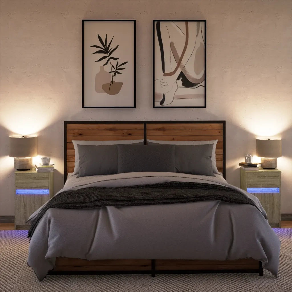 Comodini con Luci LED 2pz Rovere Sonoma in Legno Multistrato
