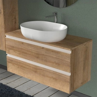 Mobile bagno sospeso 100 cm rovere miele con top e specchio tondo Master