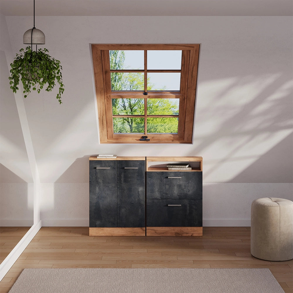 Mobile sottotetto Rion Calce nera/Rovere dorato con 2 cassetti Vicco