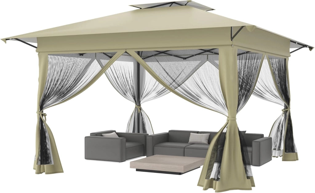 Gazebo 4 x 4 m, impermeabile, stabile, resistente all'inverno, per feste, pieghevole, altezza regolabile con doppio tetto e 4 zanzariere, gazebo da giardino con custodia, colore bianco