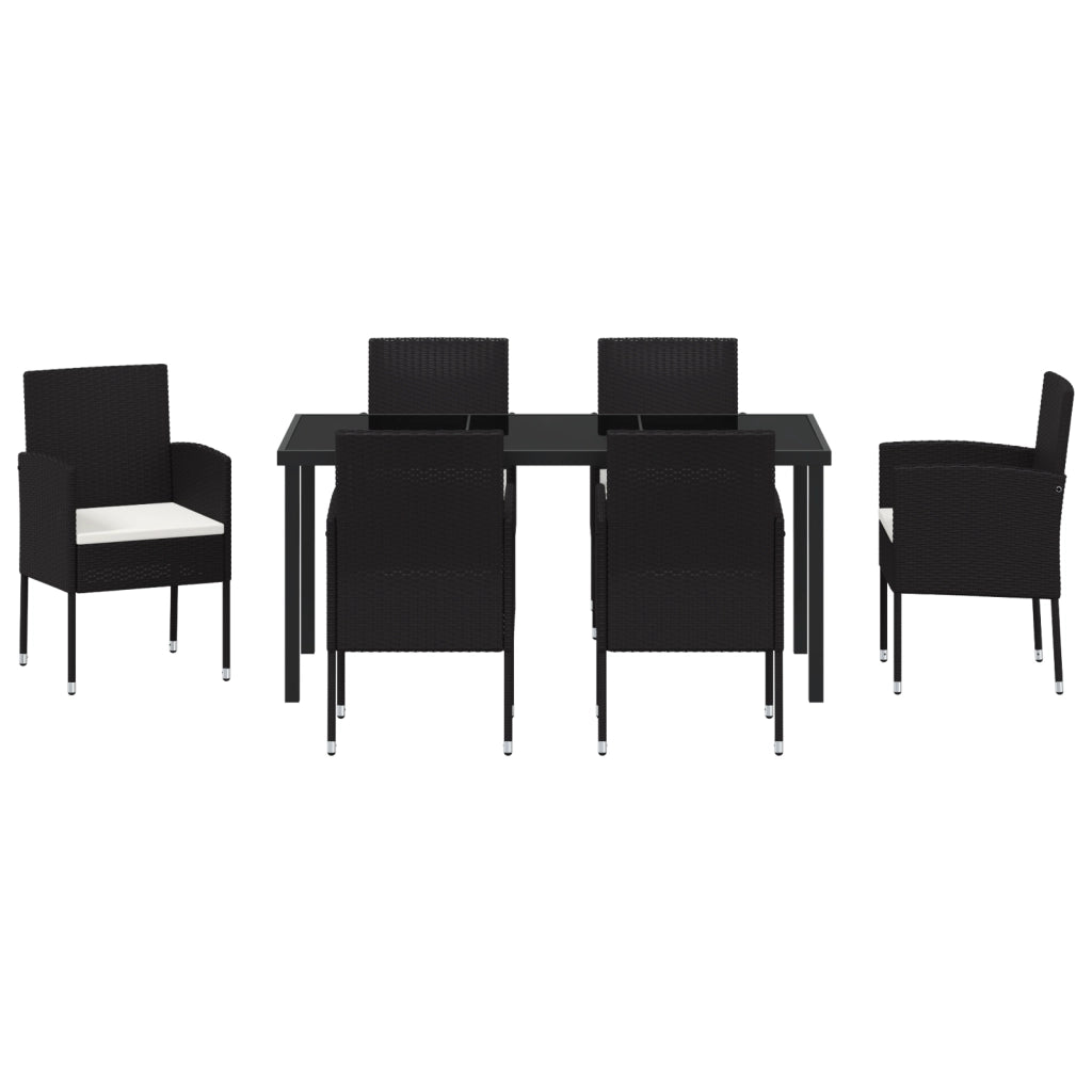Set da Pranzo Giardino 7 Pezzi con Cuscini Nero Polyrattan