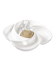 Antipastiera Girella Porcellana Bianca E Bamboo Con 4 Forchettine Inox