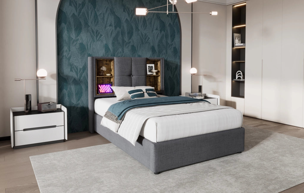 Letto singolo imbottito grigio 90x200 cm con ricarica wireless, porte USB e vano contenitore