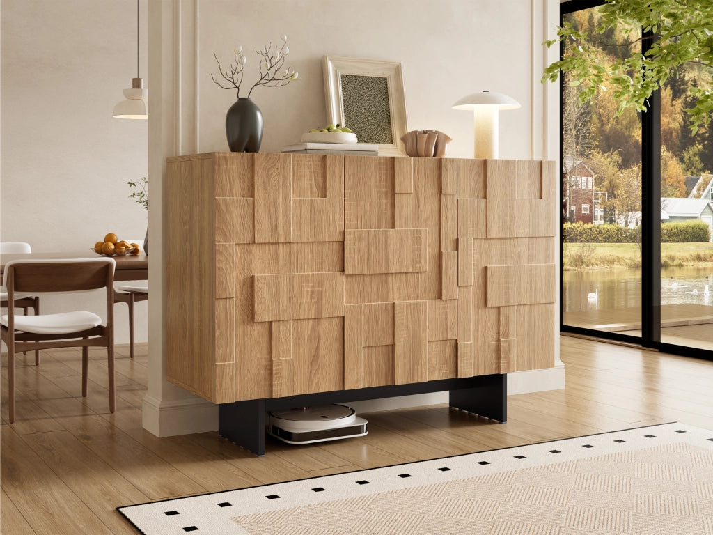 Credenza con 3 ante e ripiani regolabili, frontale geometrico, in bambù e MDF, naturale e nero, 105 × 33,5 × 76 cm
