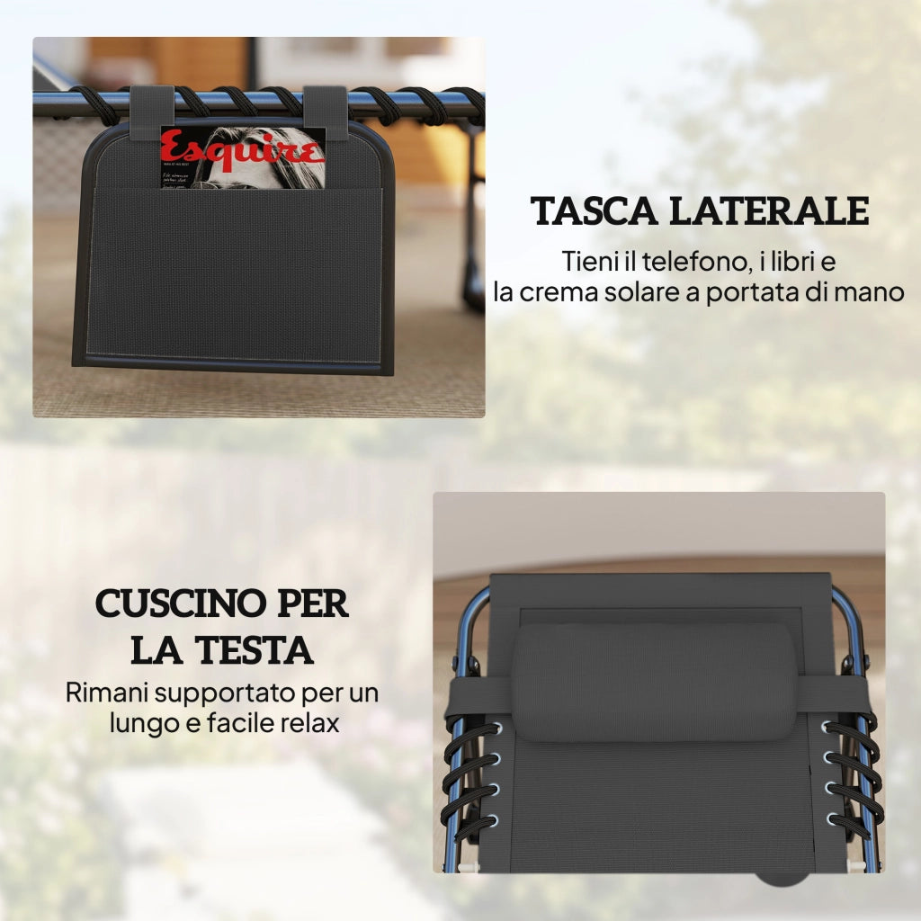 Set 2 Lettini Prendisole da Giardino 57x200x38 cm Pieghevoli e Reclinabili su 5 Livelli con Cuscini in Texteline Nero