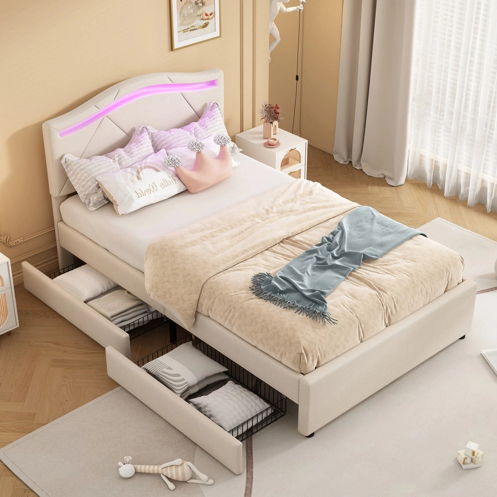 Letto Imbottito con LED e Cassetti ¨C MINIMAL ¨C Testiera Regolabile, Tessuto Beige, 90x200
