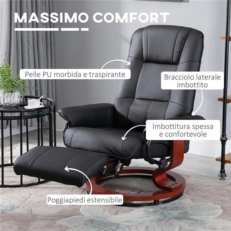 POLTRONA RELAX RECLINABILE MANUALMENTE FINO 145° CON POGGIAPIEDI E RIVESTIMENTO IN FINTA PELLE, NERO