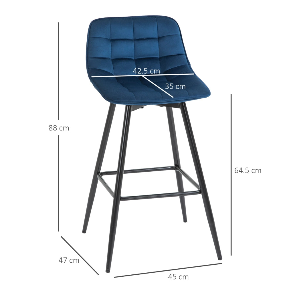 Set 2 Sgabelli Imbottite da Bar 45x47x88 cm in Metallo e Tessuto Vellutato Blu