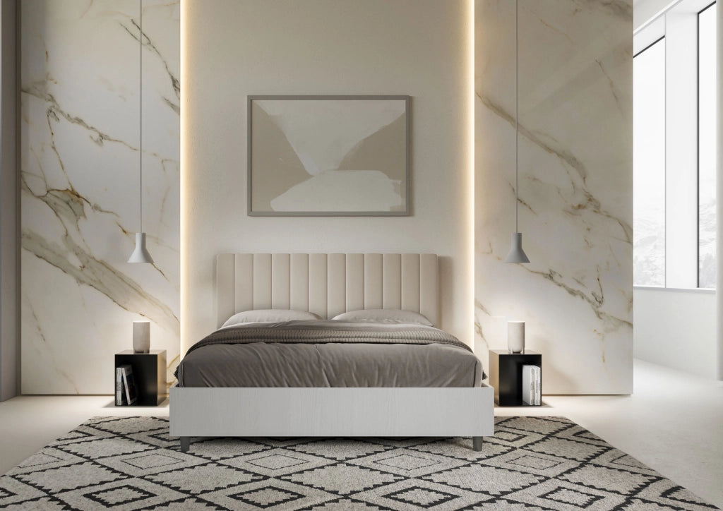 Letto Matrimoniale 160x190 cm con Rete e Contenitore Alzata Comoda Struttura Bianco Frassico e Testata in Similpelle