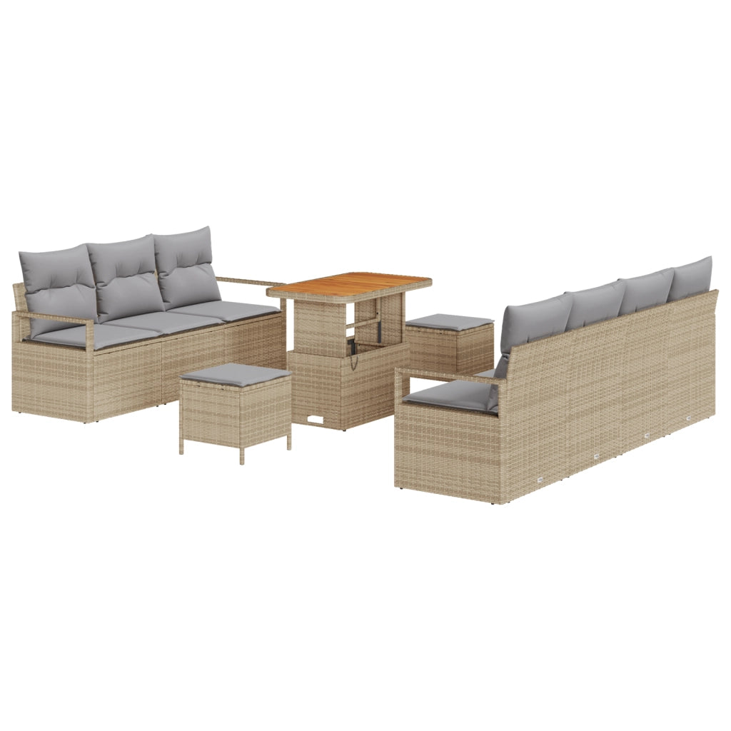 Set Divani da Giardino 10 Pezzi con Cuscini Beige in Polyrattan e Acacia