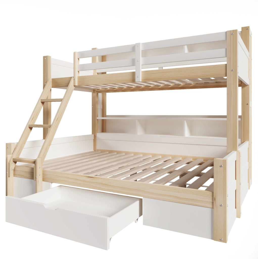 Letto a castello per bambini 90x200 cm + 140x200 cm in pino; bianco e naturale; con LED; cassetto e vani aperti