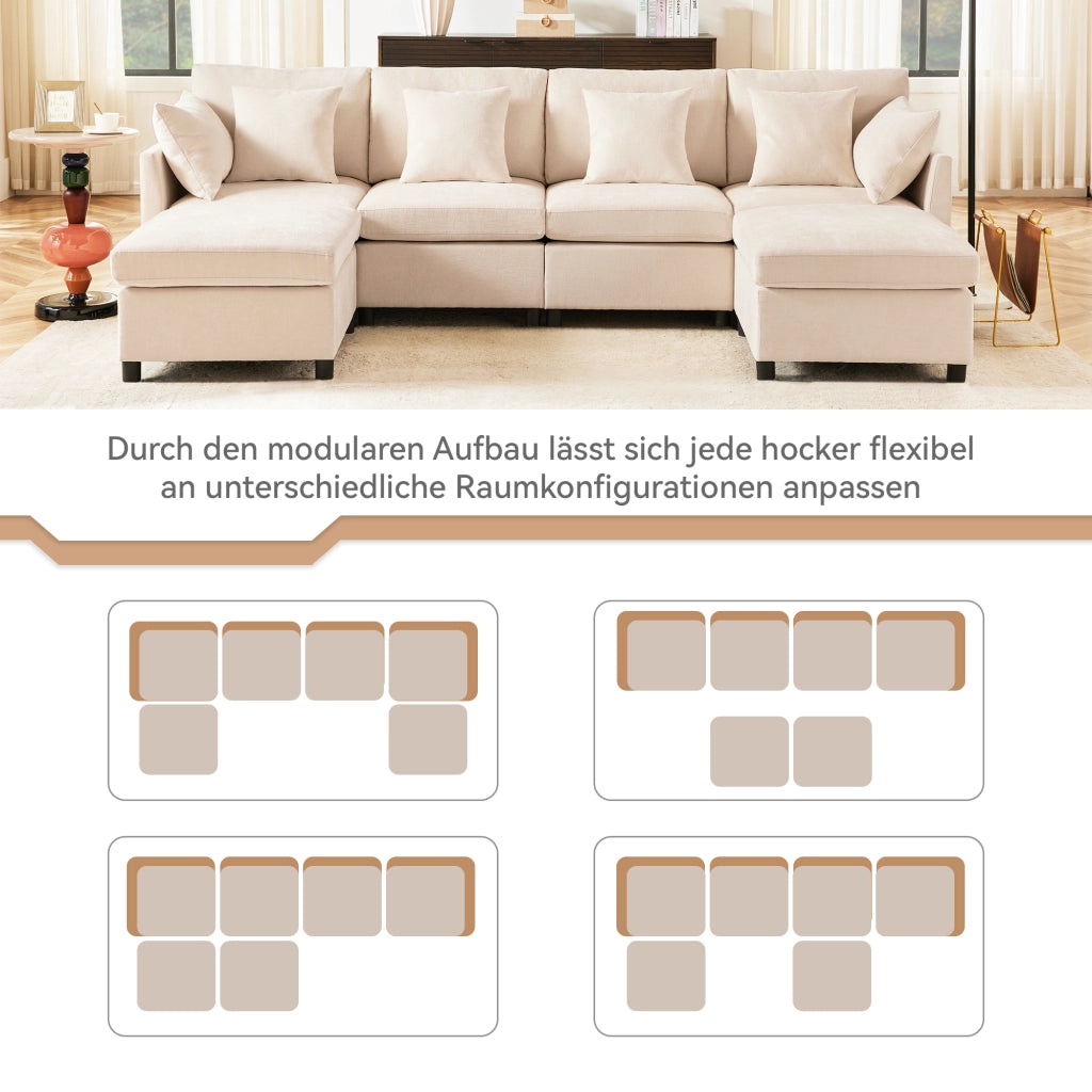 Divano Modulare da 4 a 6 Posti con Configurazione a U o a L e 2 Pouf, 6 Cuscini, in Ciniglia Beige