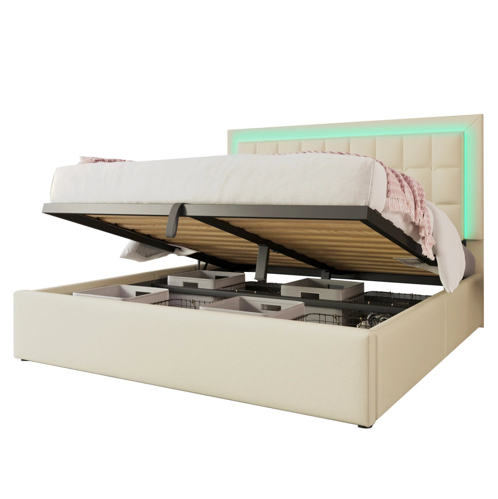 Letto matrimoniale imbottito 180x200 cm con LED, contenitore e rete a doghe