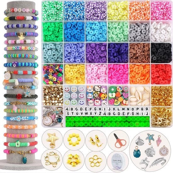 Kit per creare un bracciale di amicizia per ragazze con 24 colori, composto da kralen Heishi in polimero e lettere kralen, per 6100 pezzi.