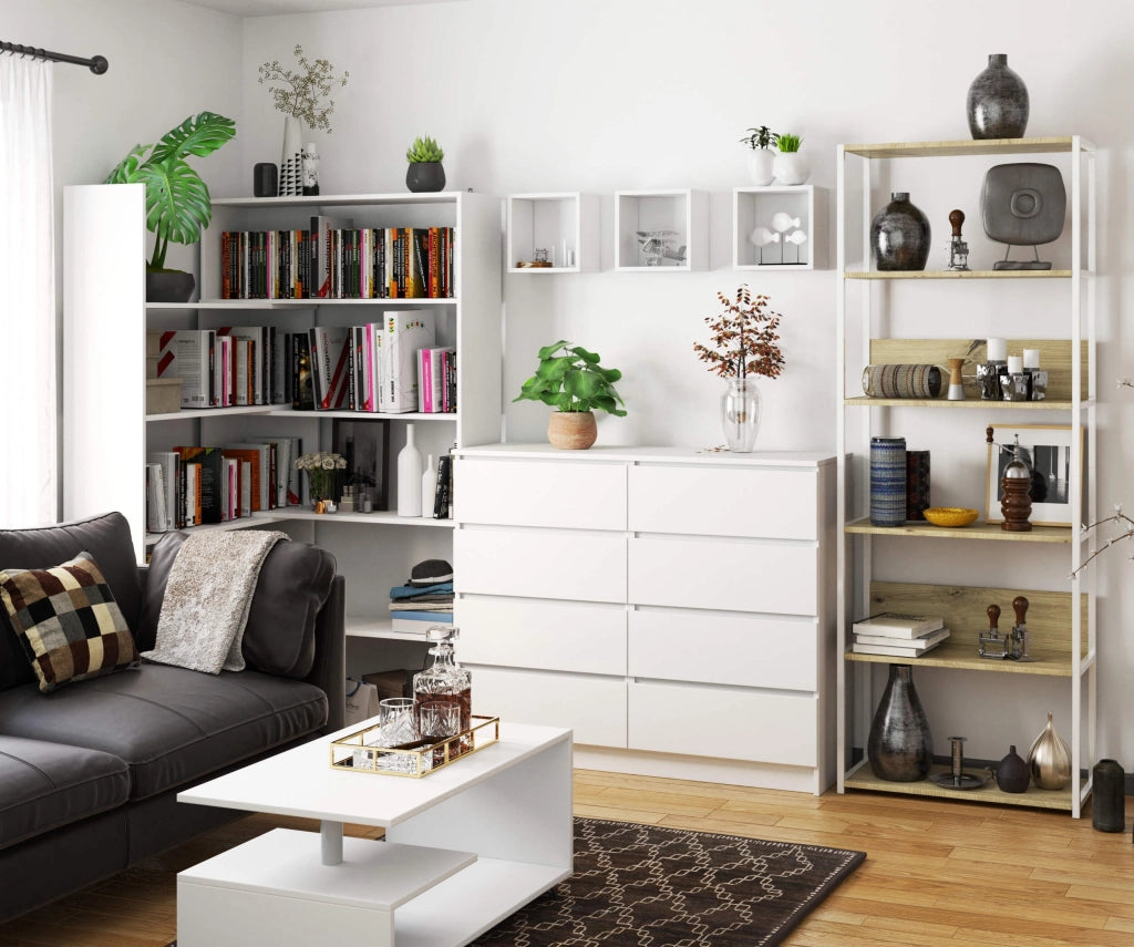 Scaffale stilo loft con ripiani in legno 70 cm Bianca 70 cm inserto frontale Quercia Artisan 70x32x192 cm