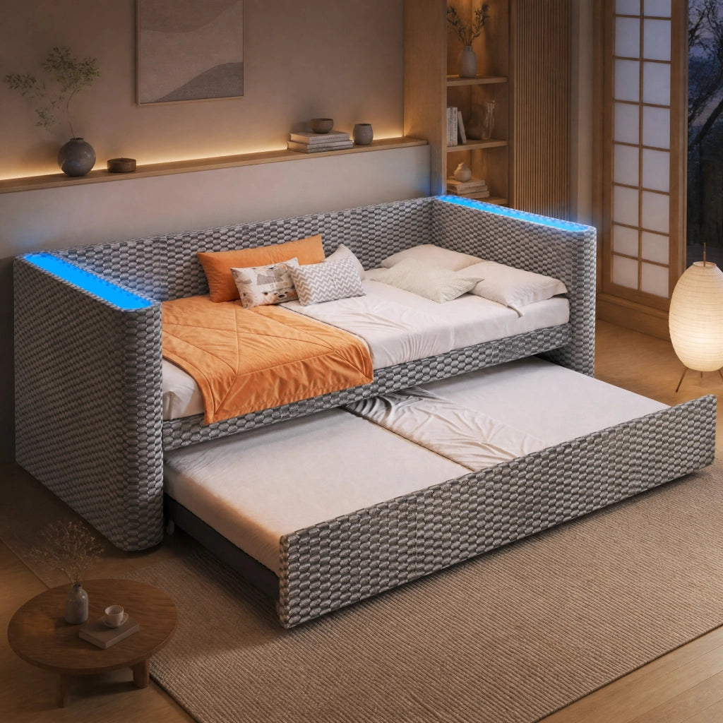 Letto divano estraibile grigio 90x200 cm con LED e rete