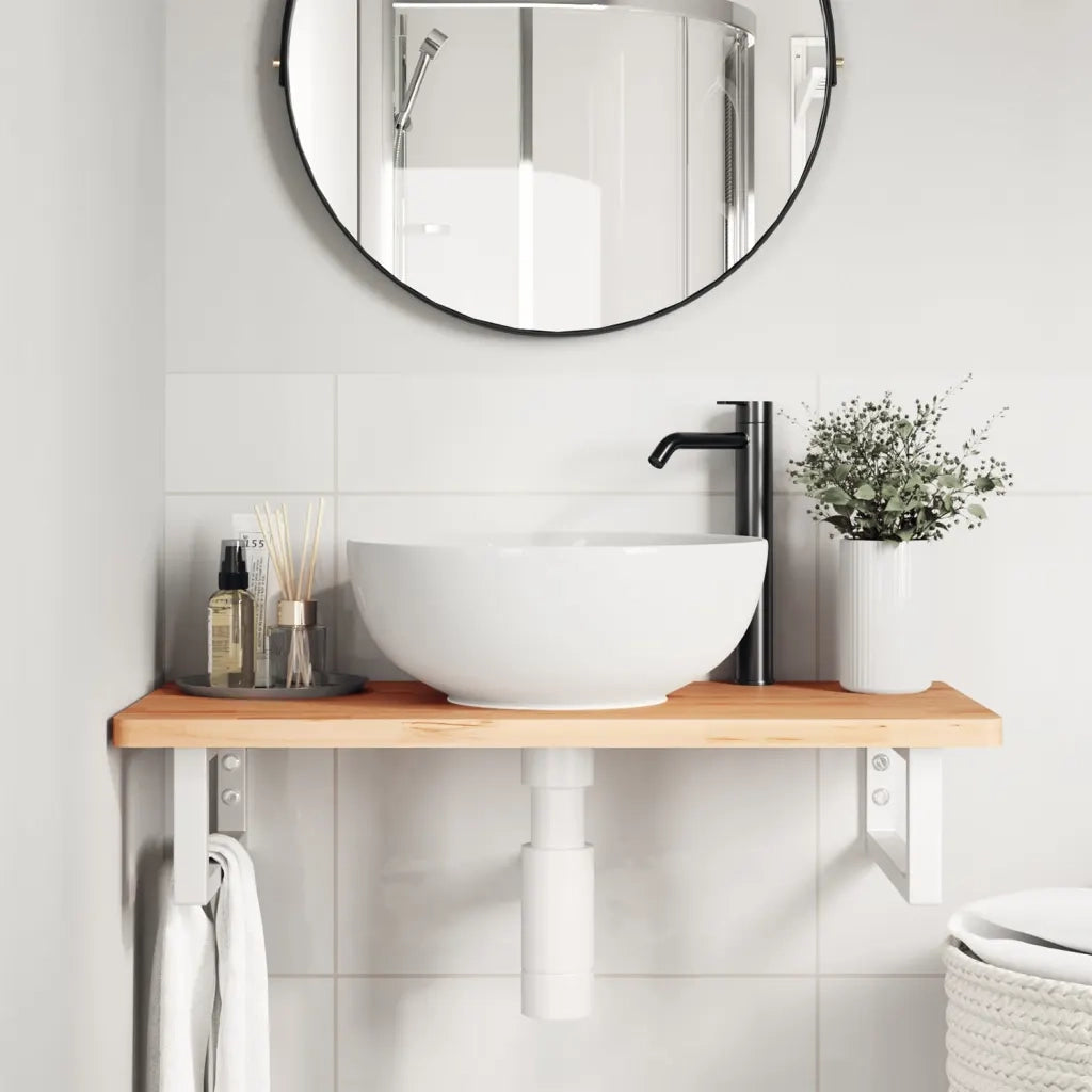Ripiano a Parete per Lavabo in Acciaio e Massello di Faggio 3302364