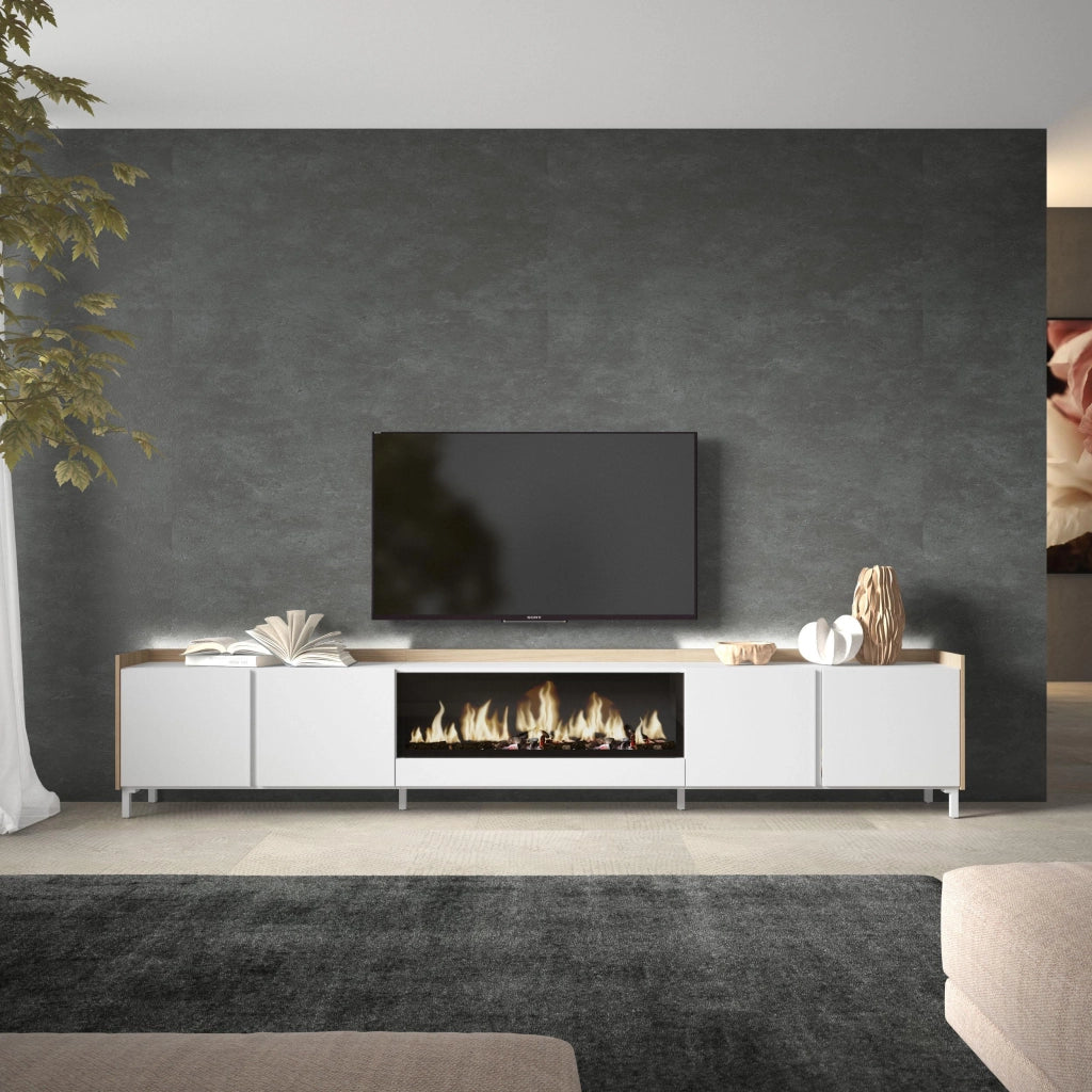 Mobile TV Soggiorno, 315x61x35 cm, Per TV fino a 80", Camino elettrico XXL, Design industriale, LED, Bianco e Rovere soft