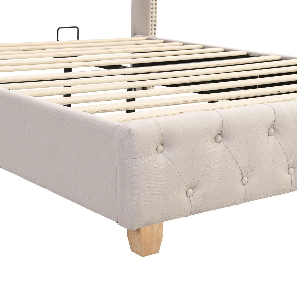 Letto Imbottito 140×190 cm; Letto Matrimoniale con Testiera con Rivetti; senza Materasso; in Lino; Beige